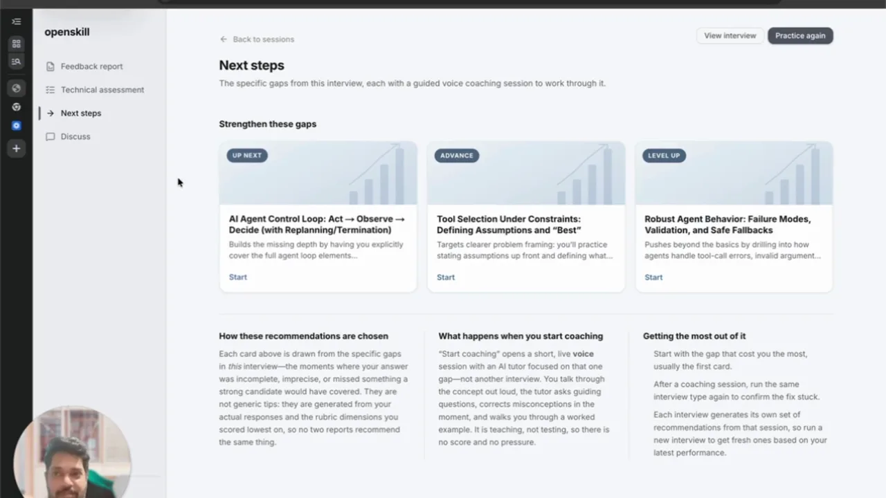 Openskill feedback report after a technical interview practice session, showing scored competencies and next practice steps